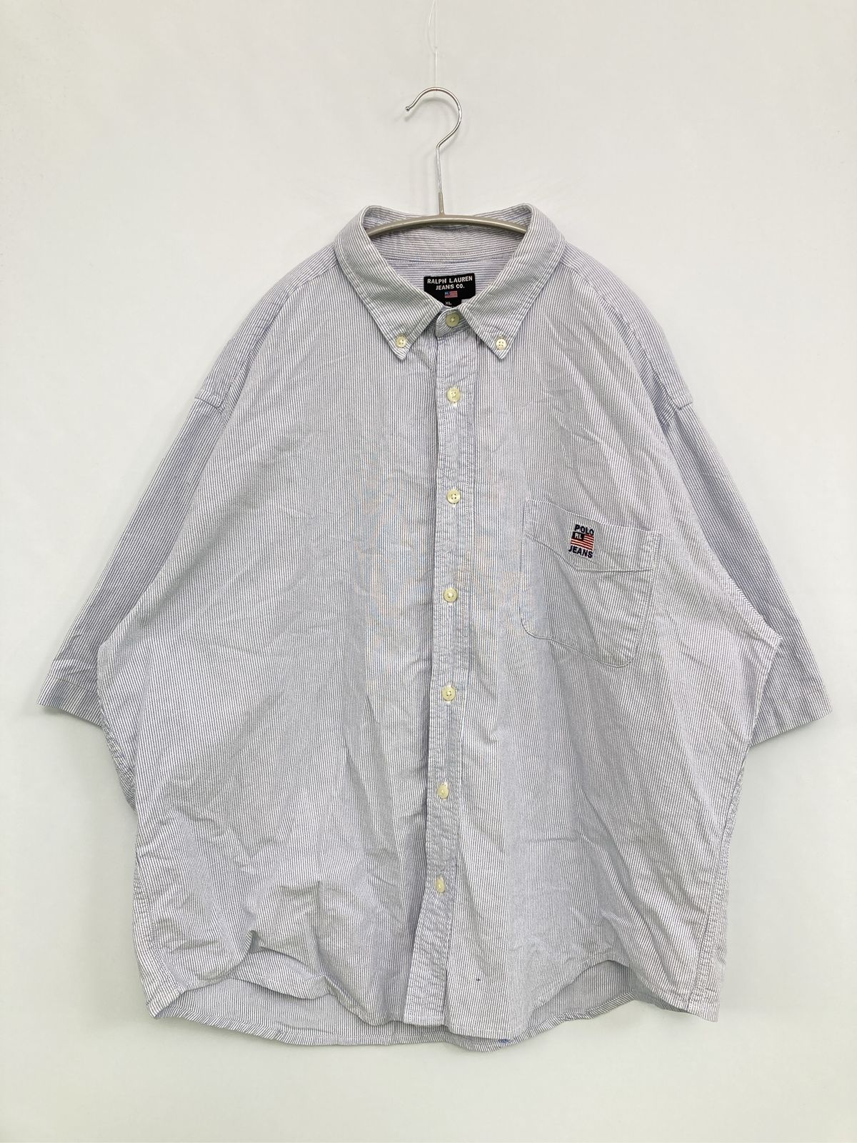 RALPH LAUREN JEANS CO. シャツ/ブラウス XL ブルー コットン ストライプ柄 ワンポイント ブランドロゴ ミドル丈 半袖 ボタンダウン
