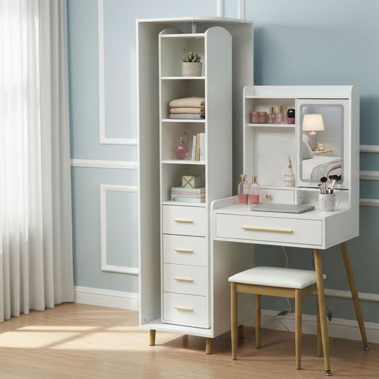 ドレッサー LEDメイクミラー付き 360°回転 スライド可動 3色切替無段階