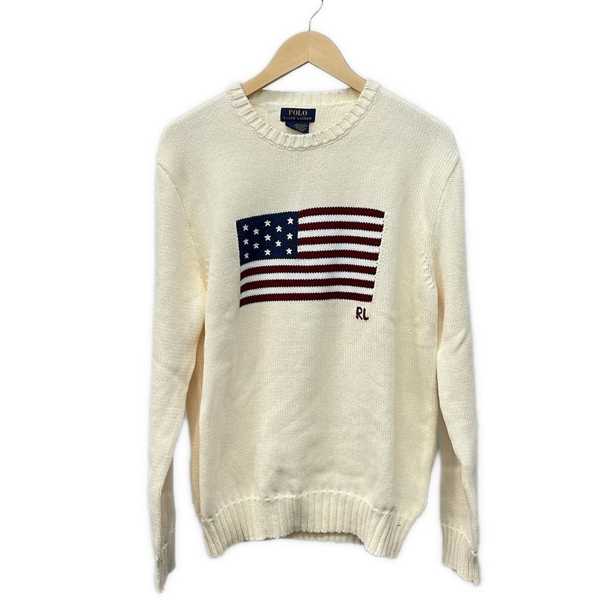 POLObyRalphLauren(ポロラルフローレン) 長袖セーター サイズM メンズ美品  - アイボリー コットンニット/春・秋物/星条旗