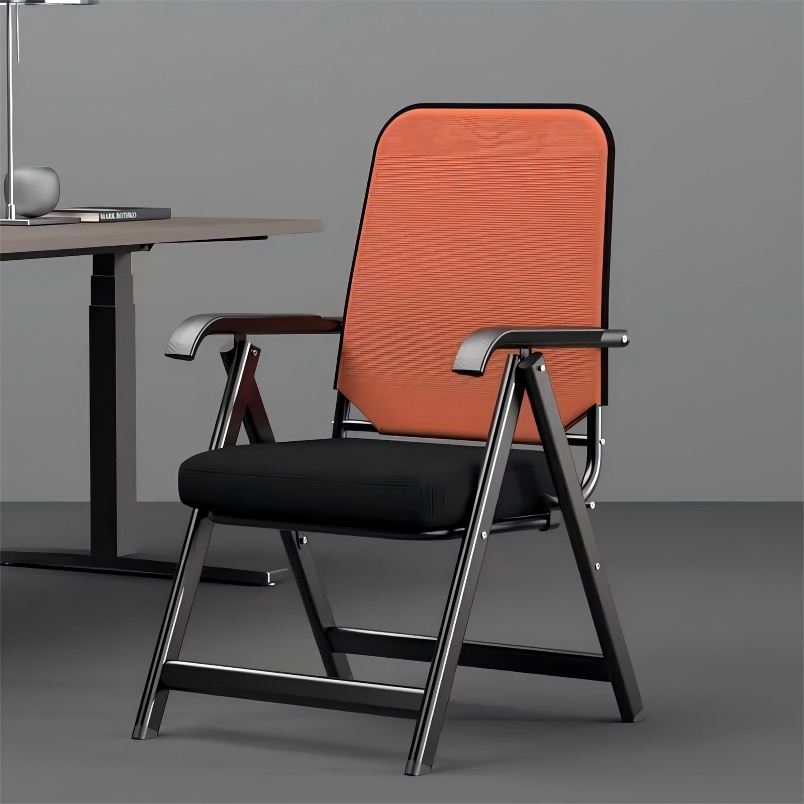 PANCY ミーティングチェア オフィスチェア パイプ椅子 完成品 折りたたみ 会議椅子 メッシュ背もたれ 高反発座面 人間工学 イス 事務 持ち運び アームレスト 収納 通気性 会社 講習 幅57.5×奥行60×高さ100cm オレンジ