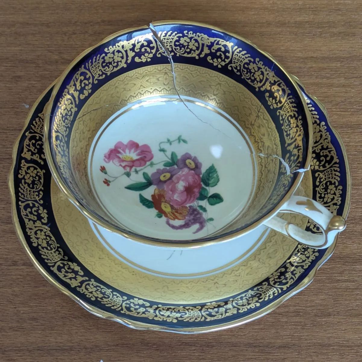 訳あり 金継ぎ用 パラゴン カップ＆ソーサー コバルト ピンクローズ