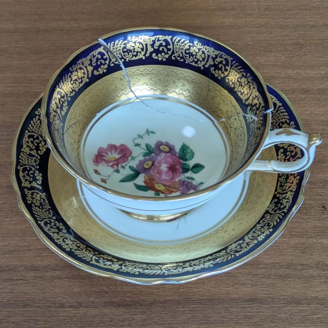 訳あり 金継ぎ用 パラゴン カップ＆ソーサー コバルト ピンクローズ