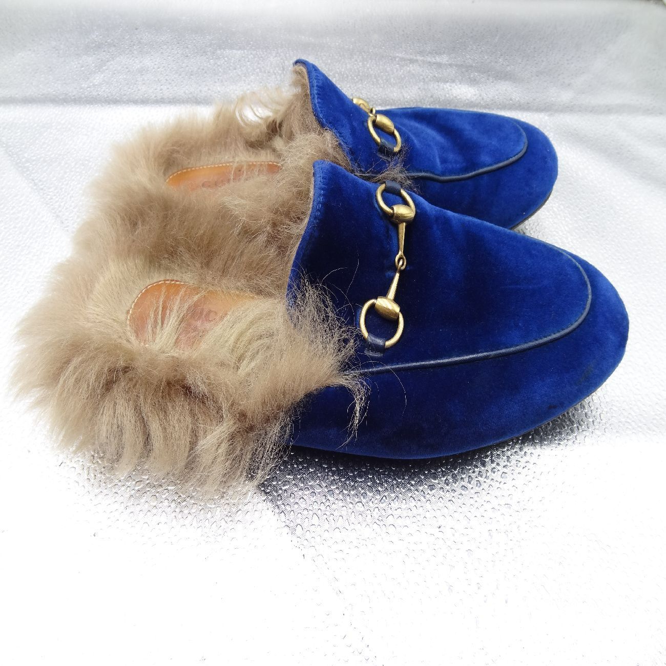 GUCCI グッチ スリッポン ファー付き スエード ホースビット ブルー