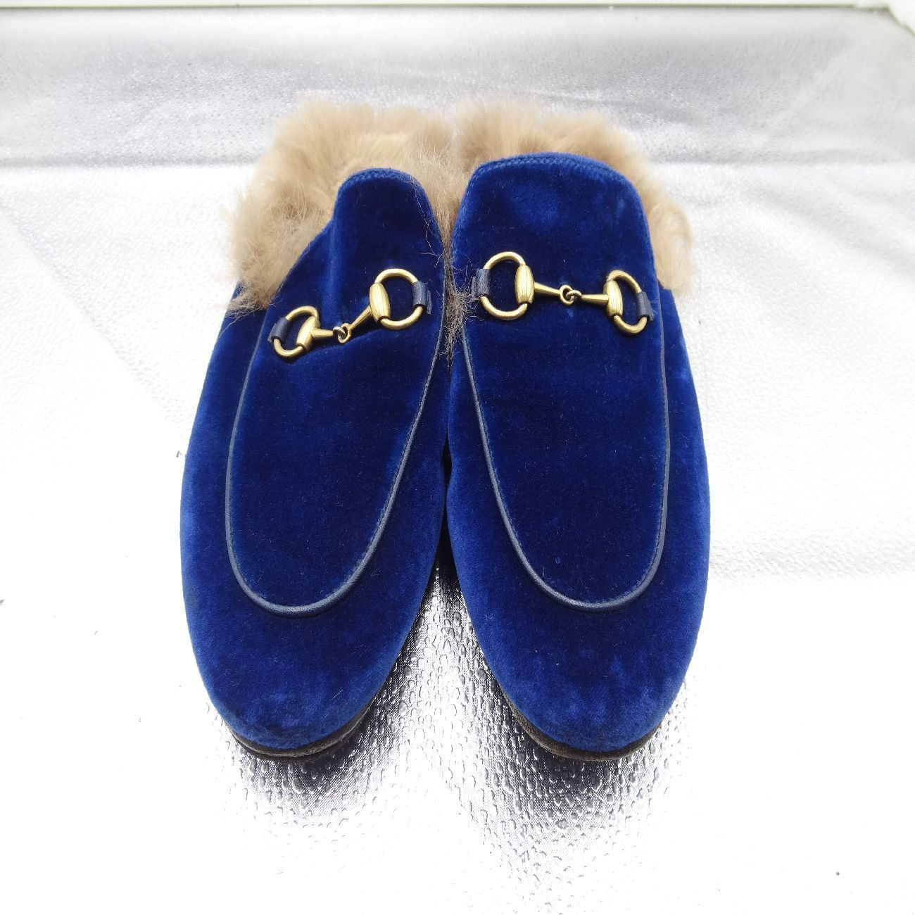GUCCI グッチ スリッポン ファー付き スエード ホースビット ブルー