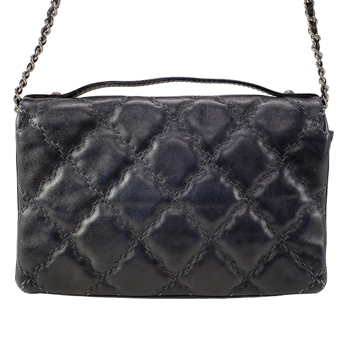 CHANEL(シャネル) ショルダーバッグ ハンプトン/ウルトラステッチ A66128 黒 フラップバッグ/シルバー金具/2way/チェーンショルダー レザー CHANEL(シャネル) ショルダーバッグ ハンプトンズ,ウルトラステッチ