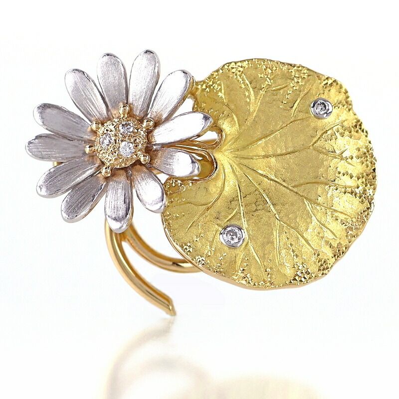 石川暢子 ブローチ アズタイム 蕗と花 K18YG×WG×Pt900 ダイヤ入り ジュエリー作家 アクトワン