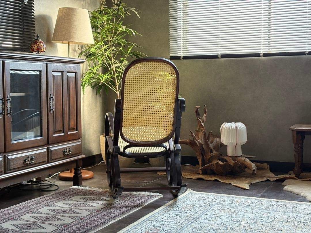 希少 ラタン ロッキングチェア 背もたれ カゴメ編み ヴィンテージ SG