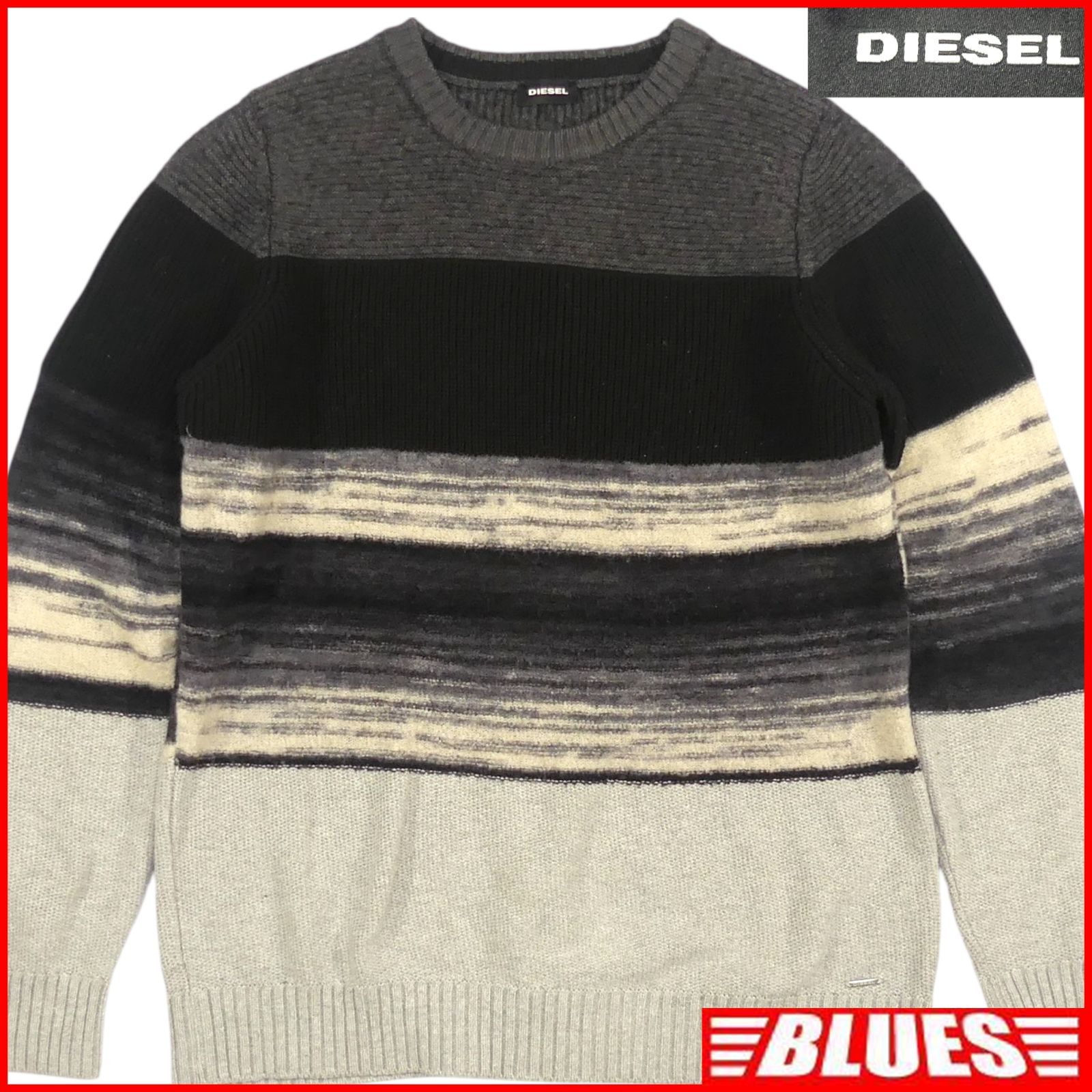 DIESEL ディーゼル セーター L ニット 古着 メンズ 黒 グレー ボーダー 