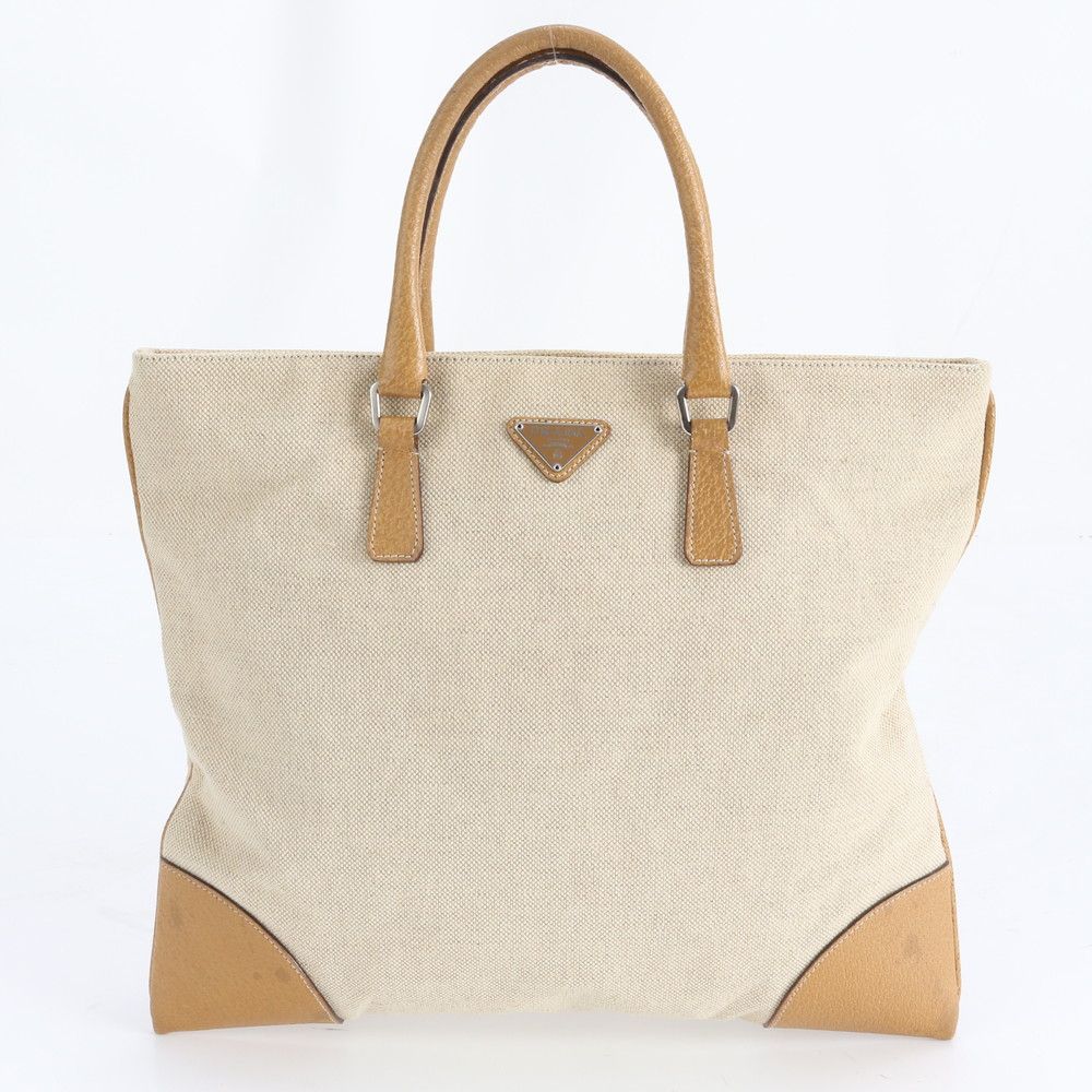 美品 プラダ トライアングルロゴ ベージュ レザー キャンバス トート