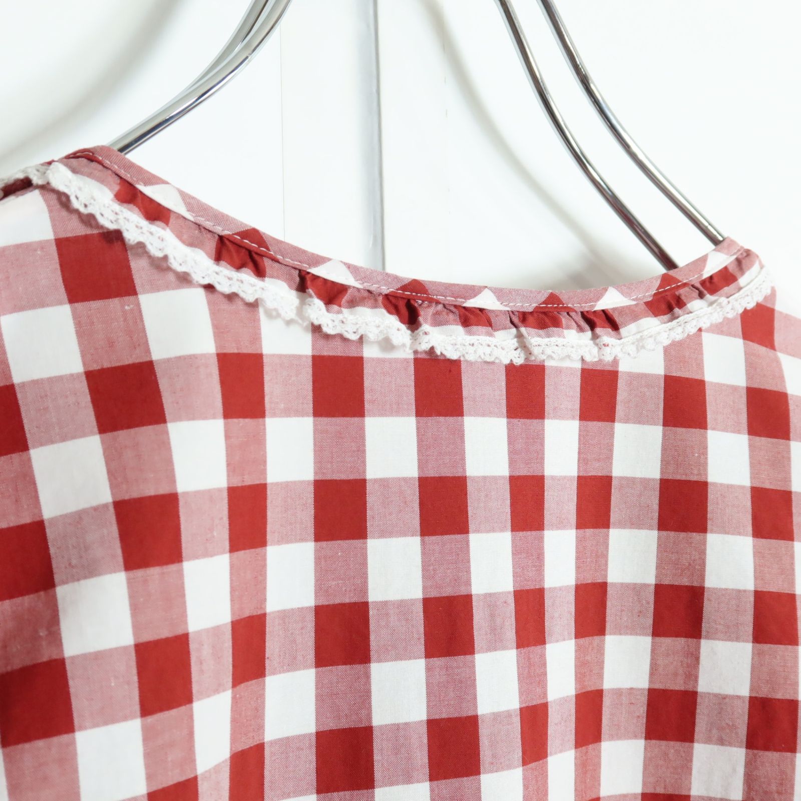 ピンクハウス☆リボン&ギンガムチェック♪長袖ローンブラウス 赤系