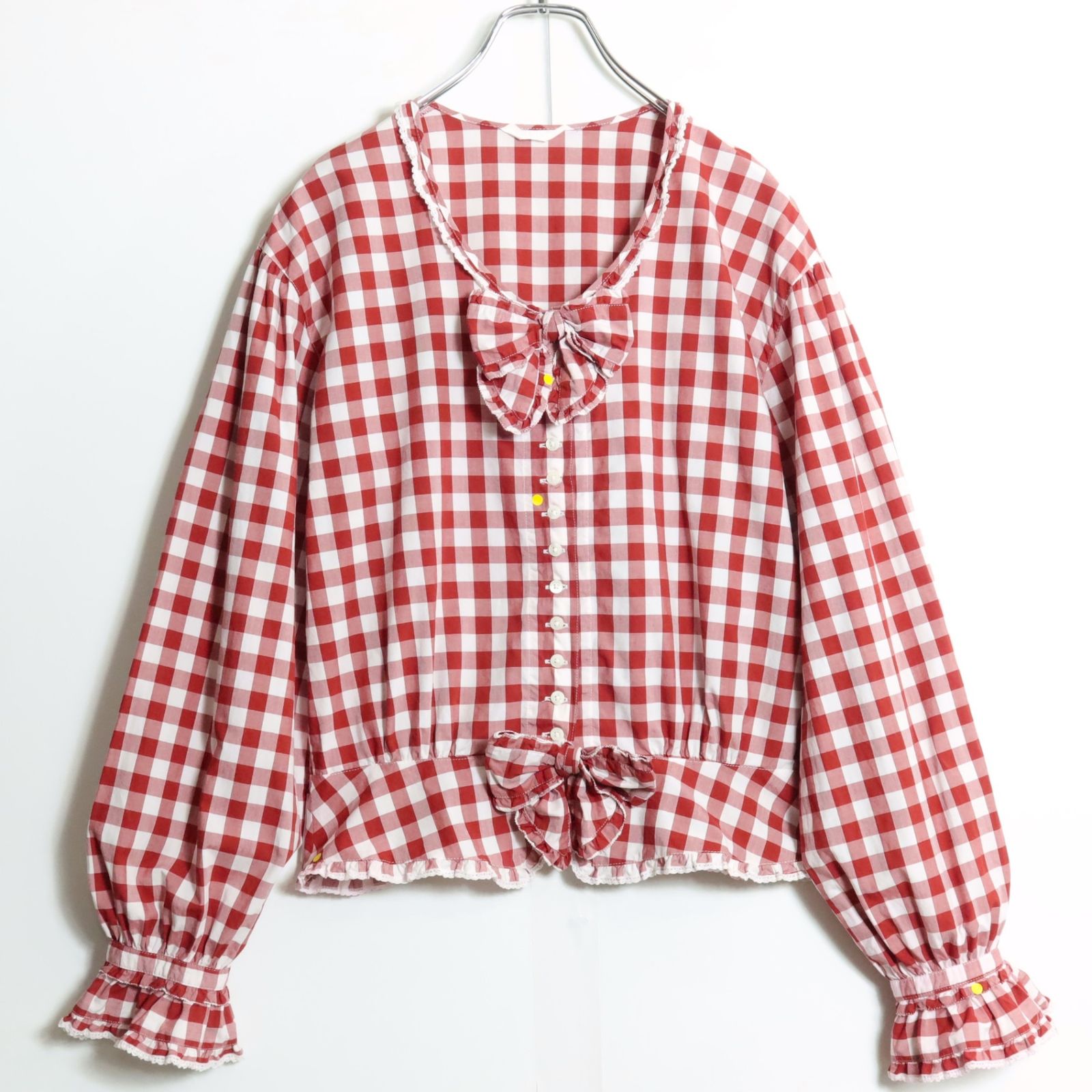 ピンクハウス☆リボン&ギンガムチェック♪長袖ローンブラウス 赤系