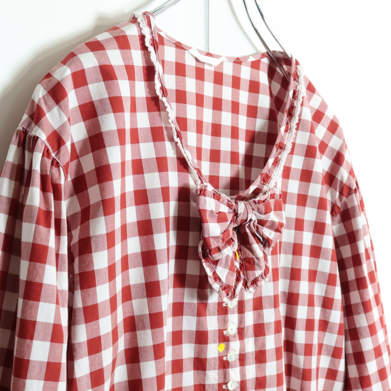 ピンクハウス☆リボン&ギンガムチェック♪長袖ローンブラウス 赤系