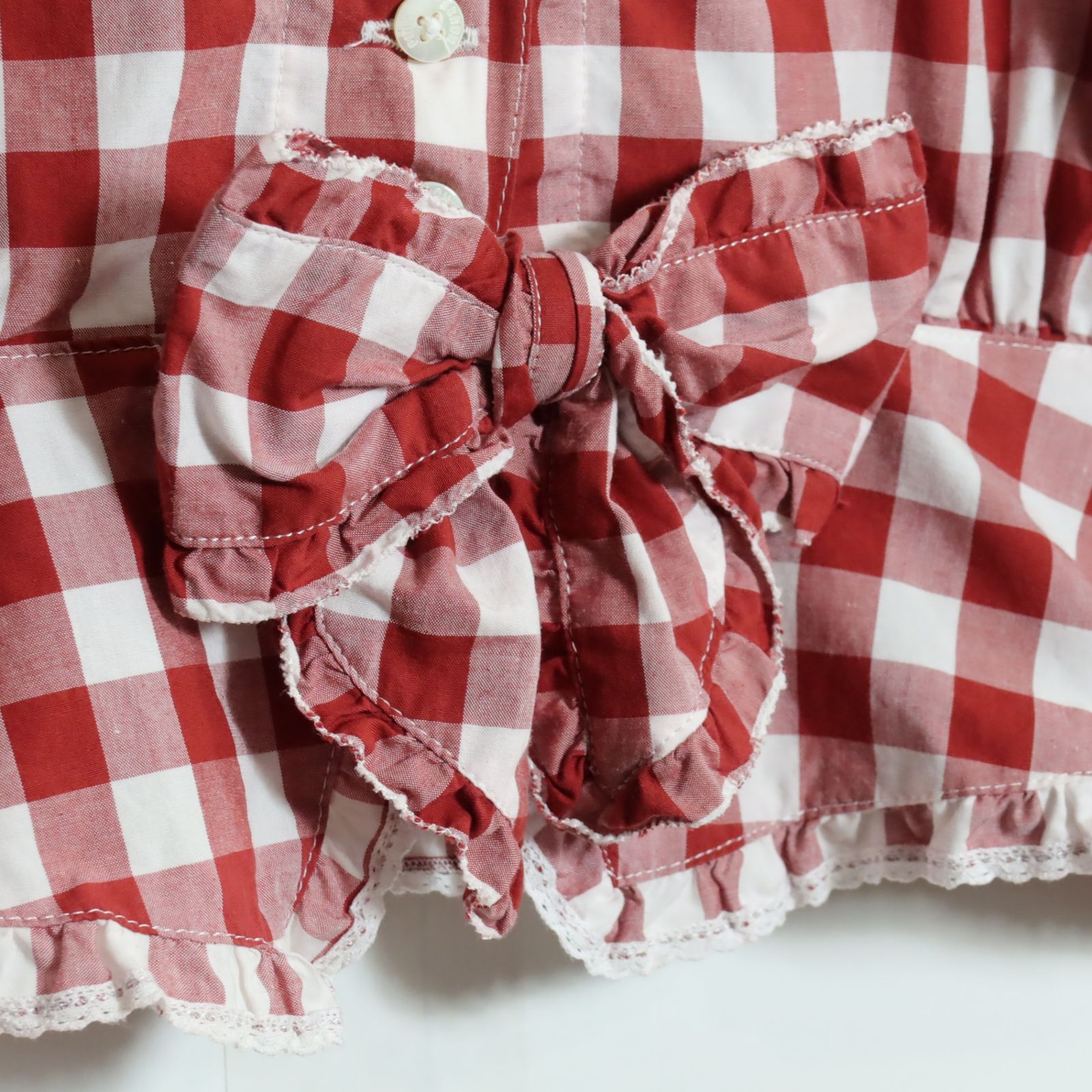 ピンクハウス☆リボン&ギンガムチェック♪長袖ローンブラウス 赤系