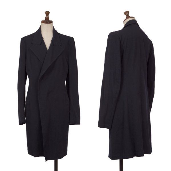 ワイズY's ウールレーヨン襟裁ち切りスナップロングジャケット 紺1