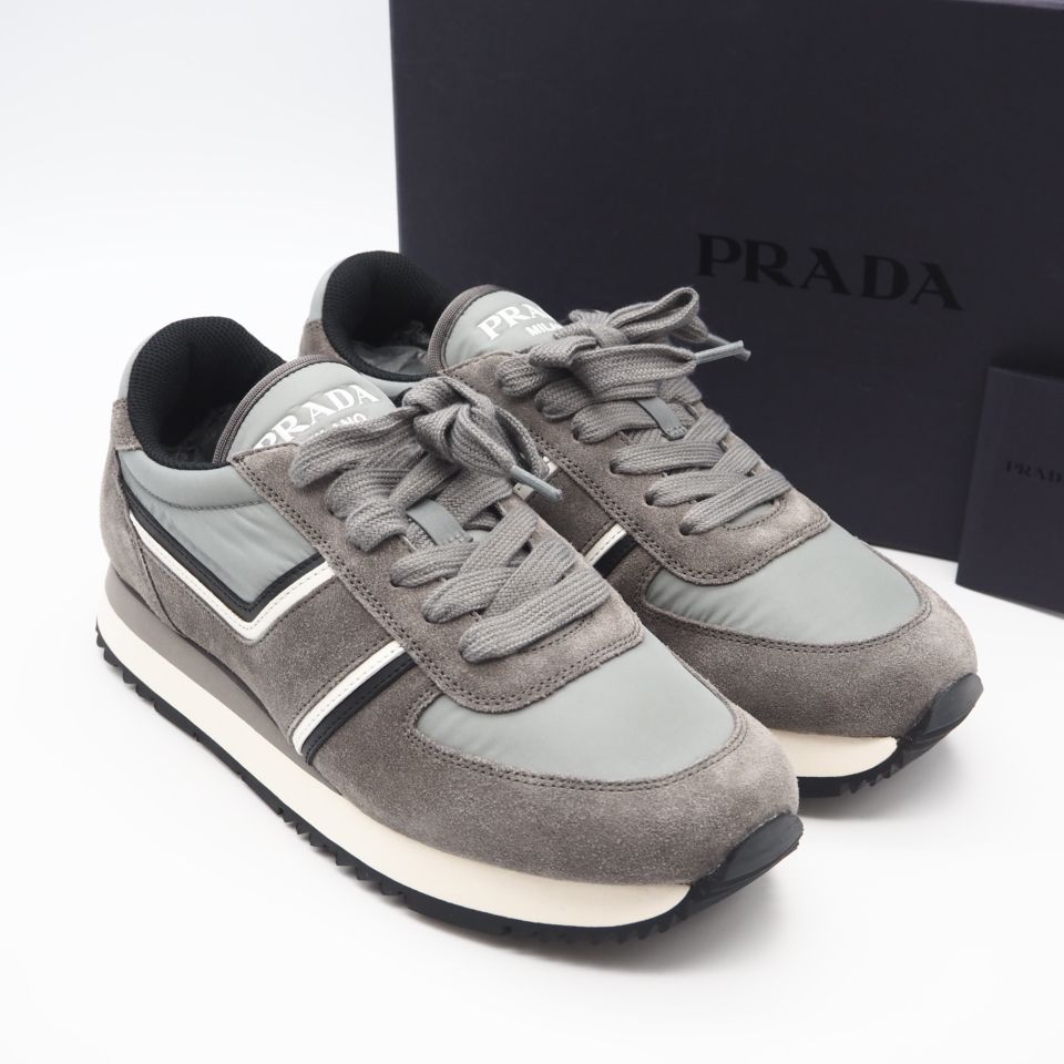 3日以内返品可 極美品 PRADA プラダ スエードレザー ナイロン スニーカー 6 24.5 4E3538 スニーカー グレー ブラック ホワイト ナイロン スウェード メンズ