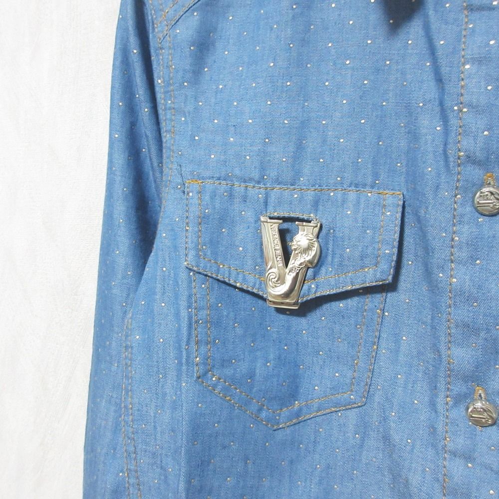 美品 VERSACE JEANS  ヴェルサーチジーンズ ピンドット シャンブレーシャツ サイズ38 ブルー レディース 古着 中古 USED 美品 VERSACE JEANS ヴェルサーチジーンズ ピンドット シャンブレー