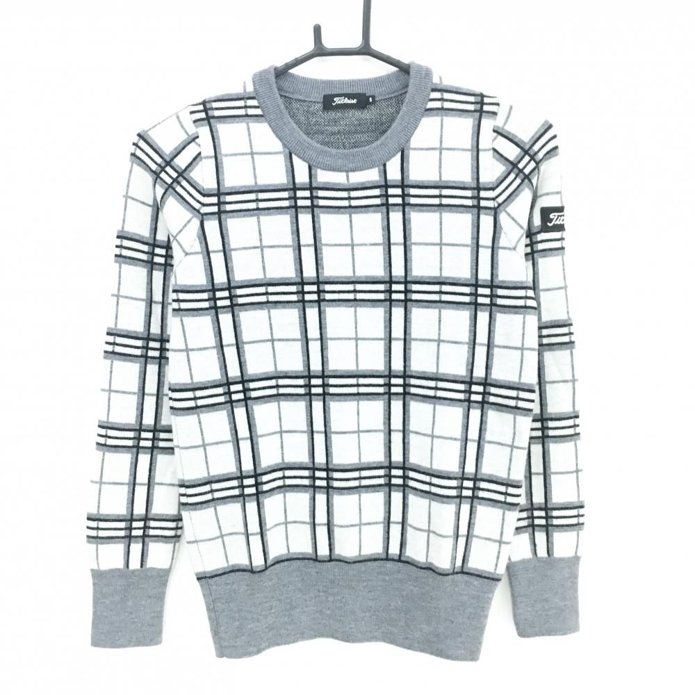 【超美品】タイトリスト セーター 白×グレー チェック ウール100% ニット レディース S ゴルフウェア TITLEIST