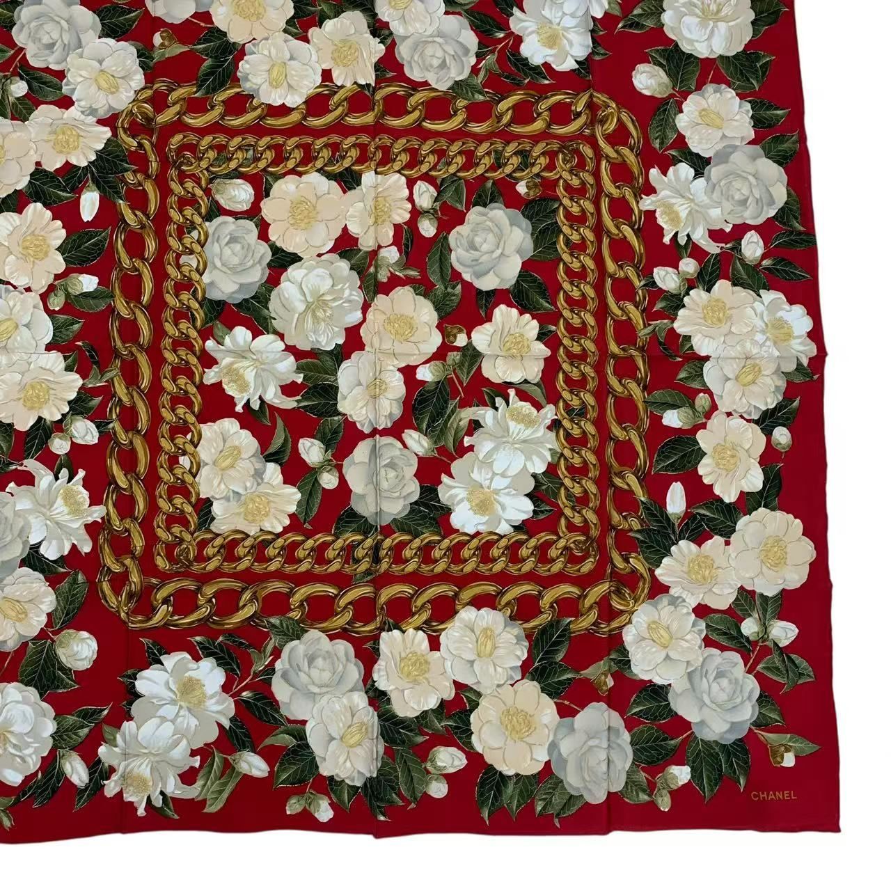 未使用品 CHANEL シャネル スカーフ シルク カメリア ロゴ レッド 箱