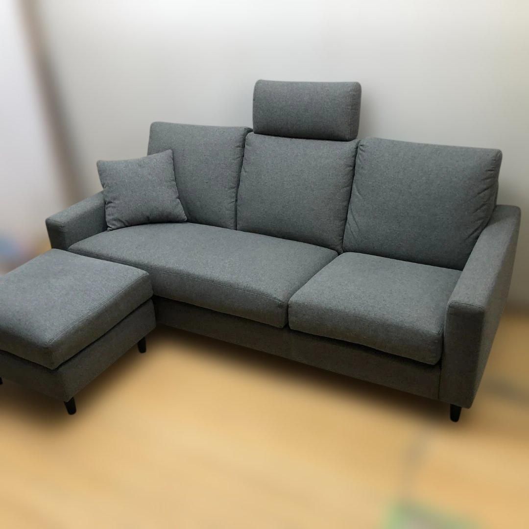  ニトリ 布張り 3人掛け ソファ グレー オットマン付 ヘッドレスト付 コンパクトサイズ 幅188cm リビング 一人暮らし ファミリー対応 260207-6 ローソファ北欧 2人掛け 3人掛けソファ ソファ ソファベッド