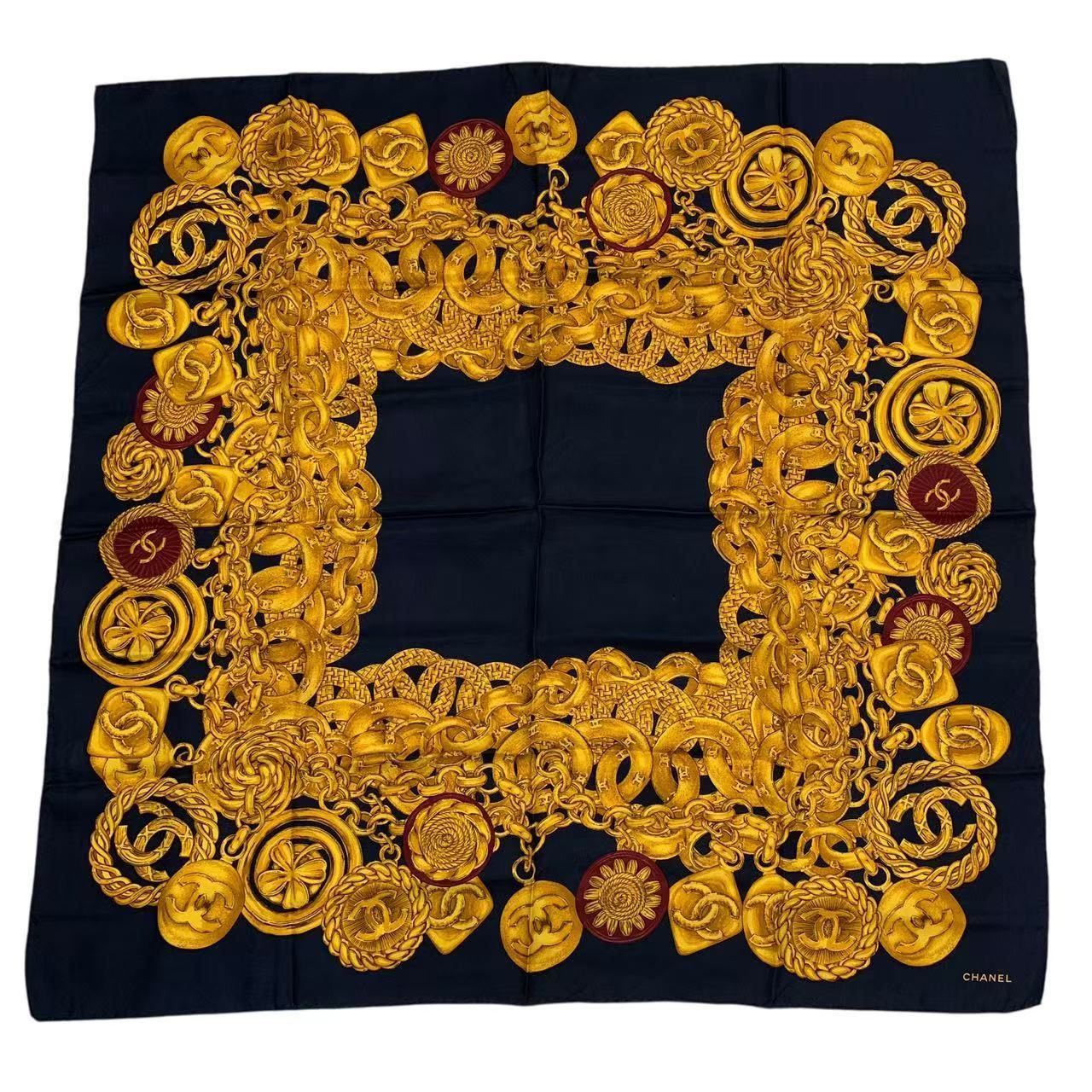 美品 CHANEL シャネル スカーフ シルク ココマーク ゴールド ⅹ