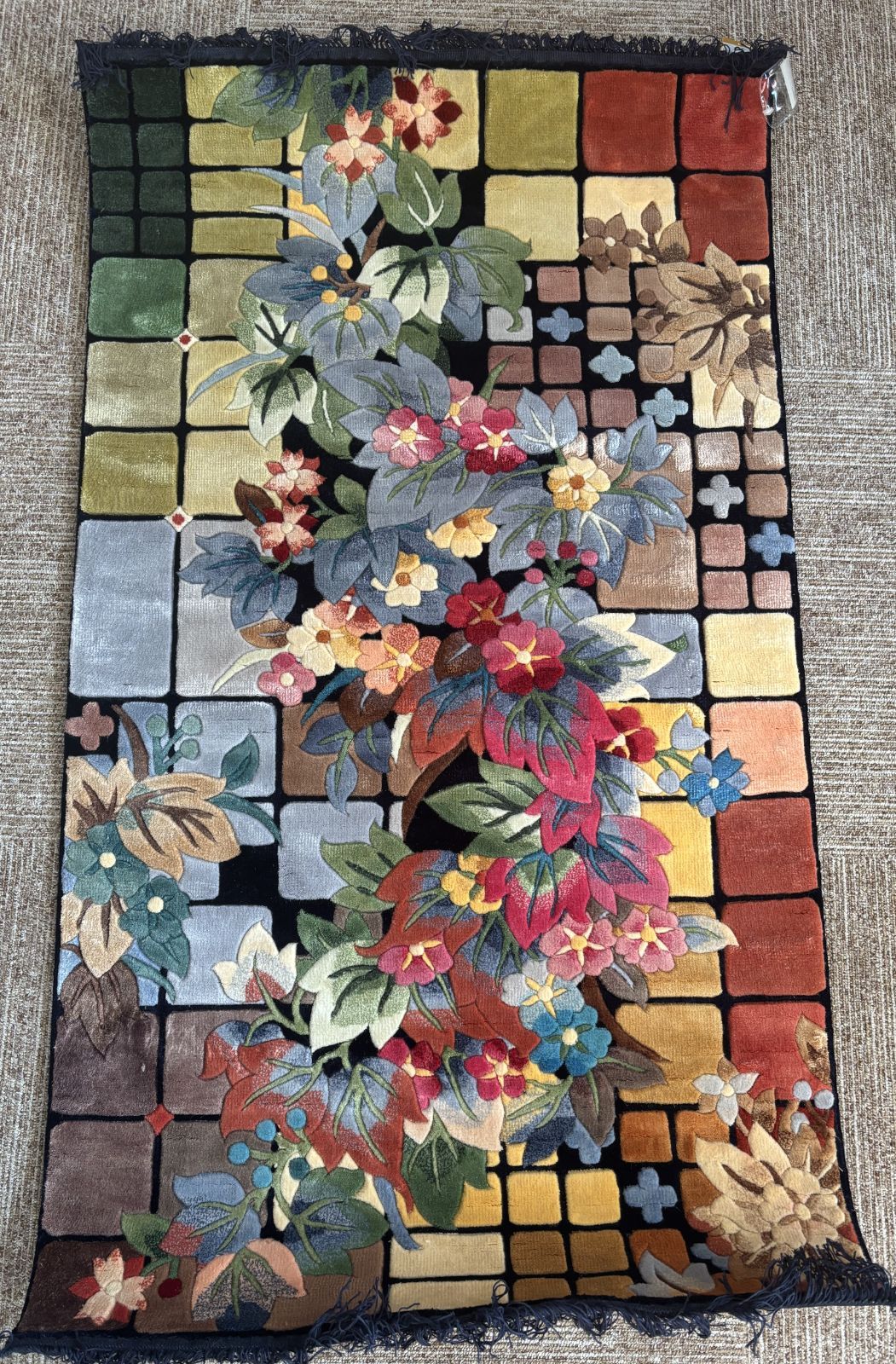 未使用美品 中国美術緞通 120段タイプ 玄関マット 100％シルク