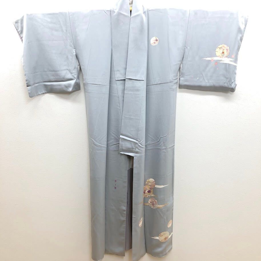 ss8393 【中古】 着物 付け下げ ブルーグレー系 帝王紫 刺繍 柄控えめ