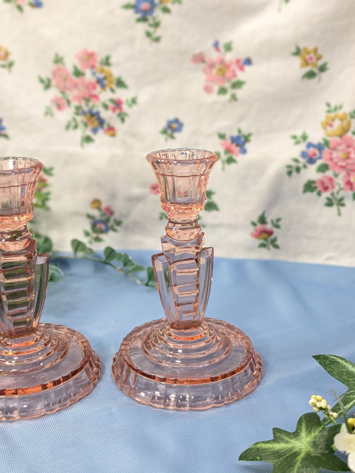 イギリス アンティーク ガラス製 キャンドルスタンド ペア 2個セット