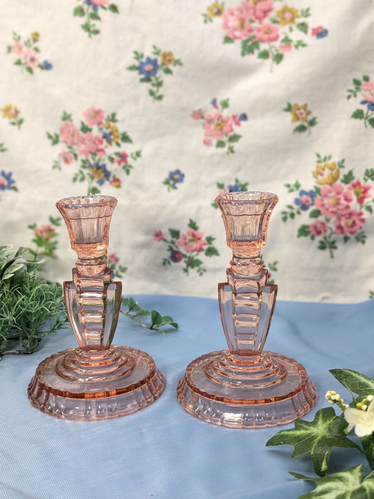 イギリス アンティーク ガラス製 キャンドルスタンド ペア 2個セット