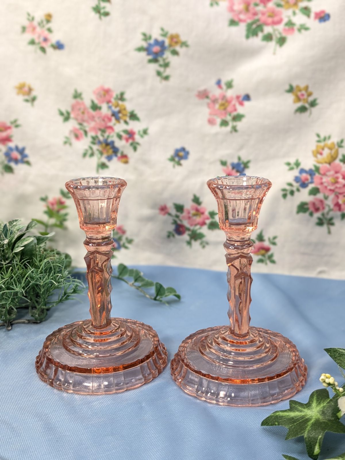 イギリス アンティーク ガラス製 キャンドルスタンド ペア 2個セット