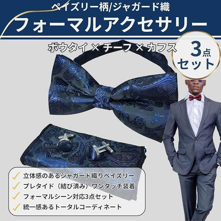 RENASYS 蝶ネクタイ ポケットチーフ カフスボタン 3点セット