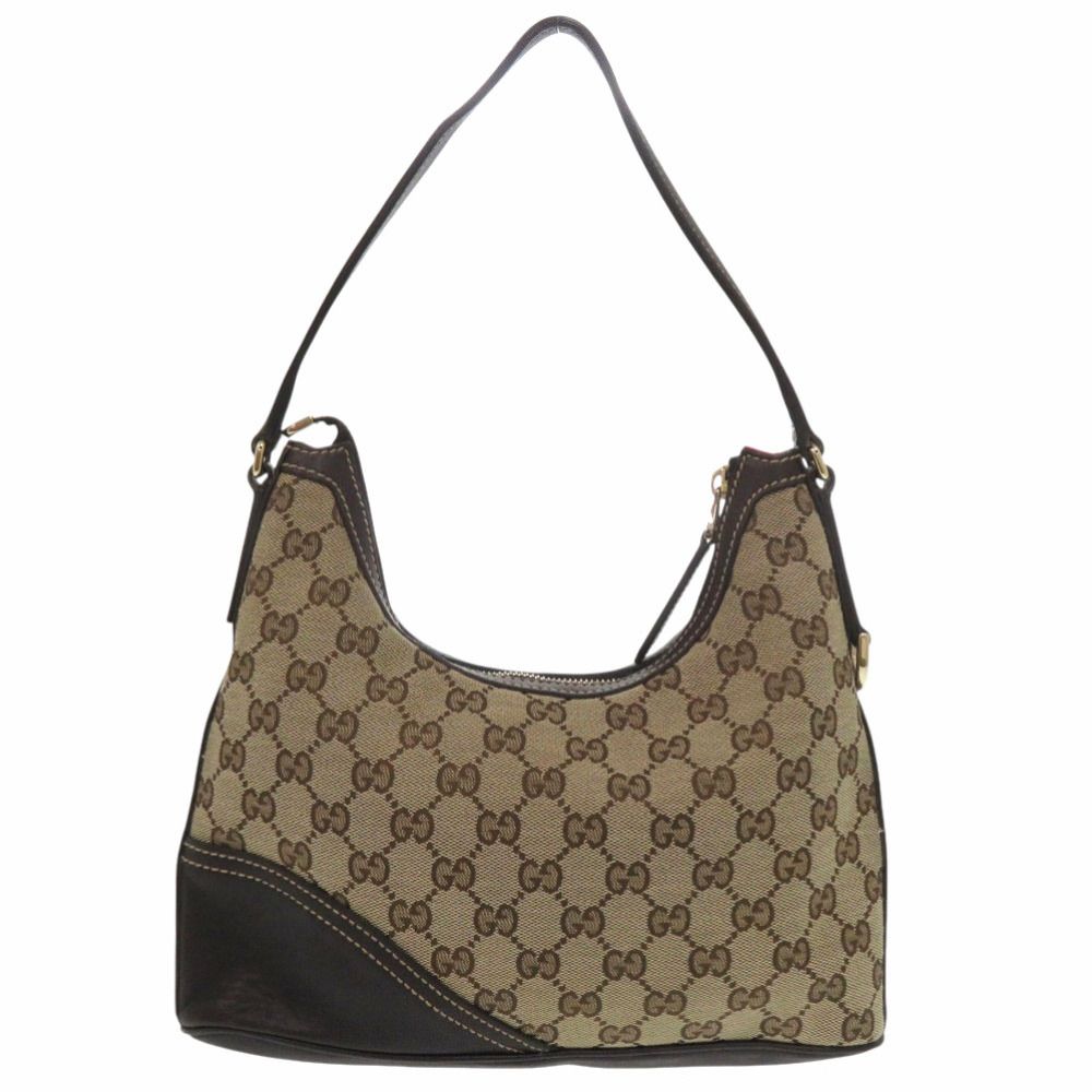 美品 グッチ182489 ゴールド金具 GGキャンバス レザー ブラウン