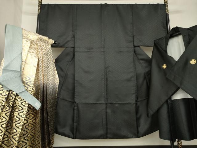 平和屋着物●男性 黒紋付 羽織・行灯袴・つけ帯セット 洗える着物 逸品 AABF9013ck