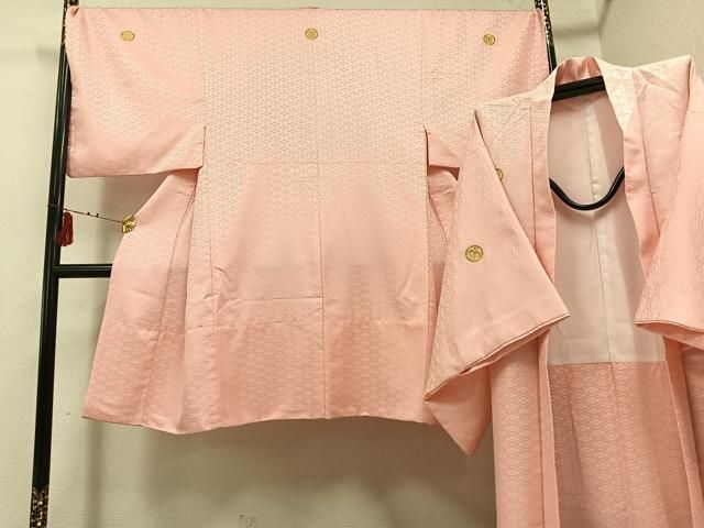 平和屋着物●男性 色紋付・羽織セット 菱地紋 色無地 虹色 正絹 逸品 AABG2808ph