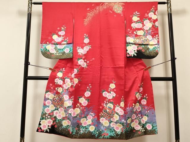 603ag31□七五三 七歳 女児 着物&袋帯 金彩 花に組紐□美品 七五三 7歳