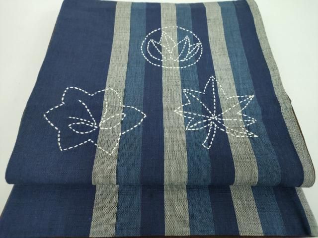 平和屋着物●太鼓柄　京袋帯　刺し子　総刺繍　花楓　鰹縞　綿　逸品　DABD1186ps 平和屋着物○太鼓柄 京袋帯 刺し子 総刺繍 花楓 鰹縞 綿 逸品