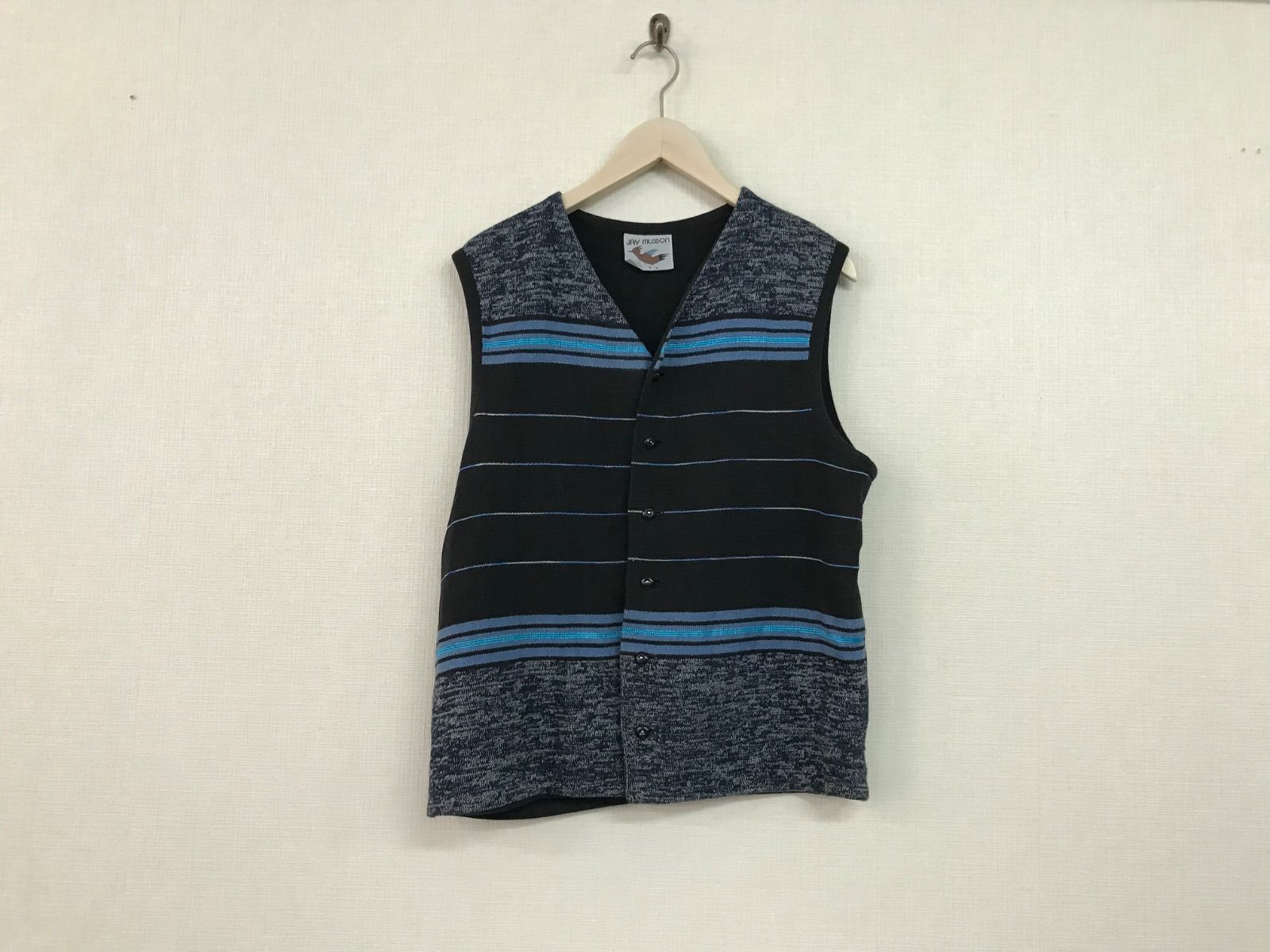 本物JAYMUSSONビンテージヴィンテージニット柄カーディガンジレベストメンズサーフアメカジミリタリーストリートスケーターワークビジネススーツモードゴルフドレスバイカー黒ブラックMイングランド製イギリス製