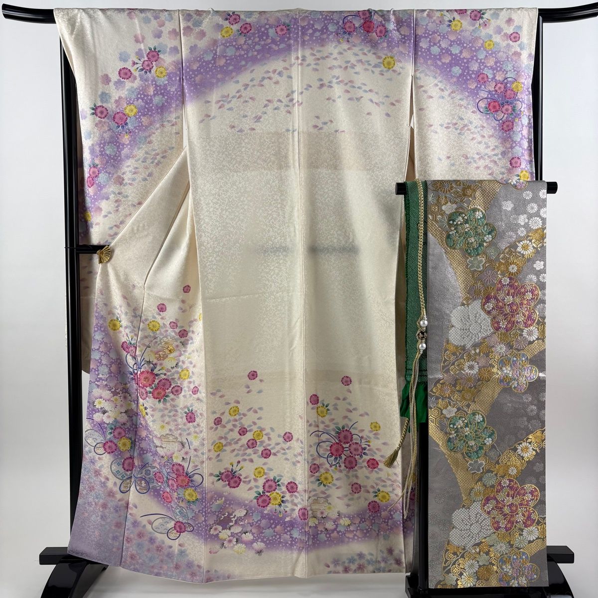 美品】 振袖 身丈162cm 裄丈68cm L 袷 袋帯フルセット anan 落款 桜 菊