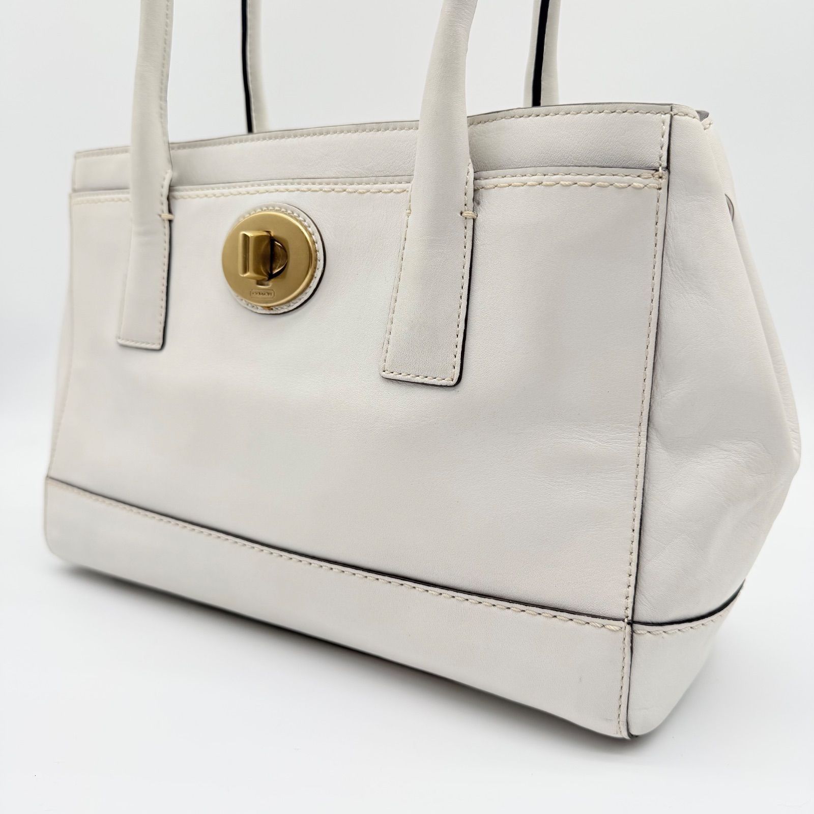 良品】COACH y2k white tote bag turn lock all leather コーチ 