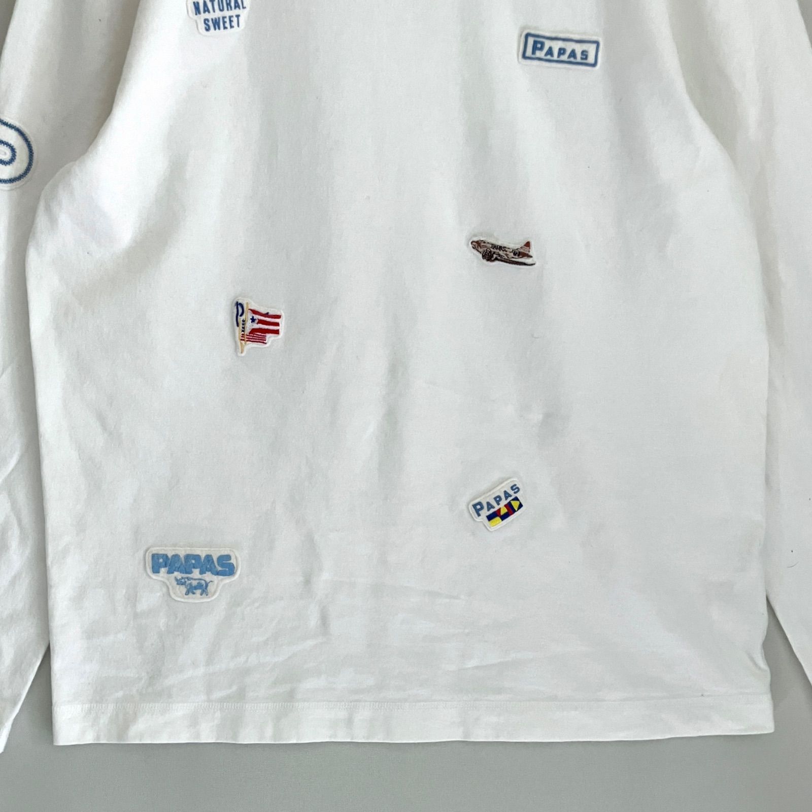 papas パパス☆ワッペン長袖Tシャツ/ロンT☆白/ホワイト☆メンズL 
