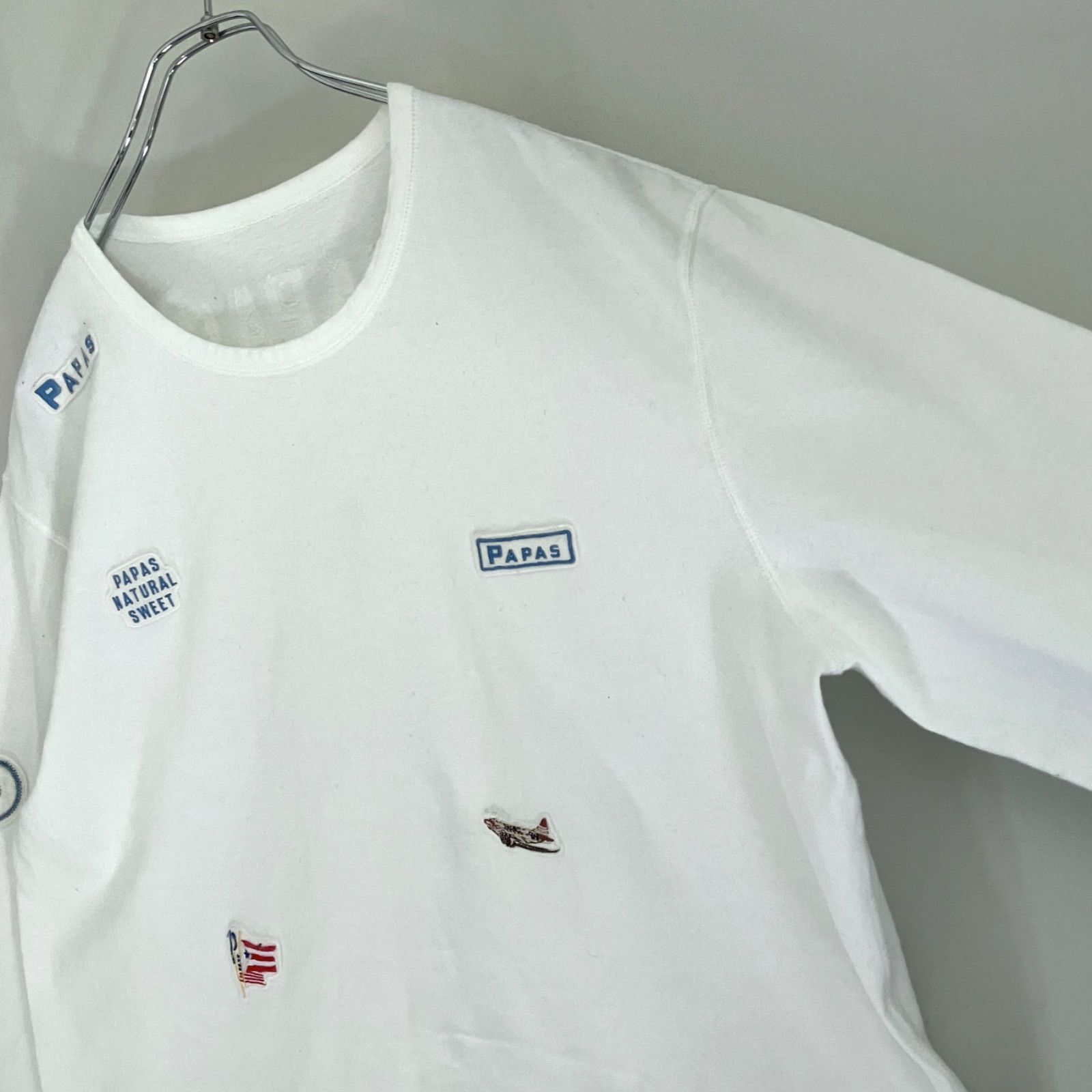 papas パパス☆ワッペン長袖Tシャツ/ロンT☆白/ホワイト☆メンズL 