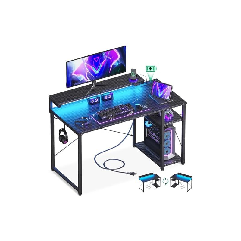 AODK ゲーミングデスク パソコンデスク ラックu0026コンセント付き 幅100cm 机 pcデスク ゲームデスク gaming desk モニター台u0026LED付き ゲーミングテーブル 左右入れ替え対応 カーボン調ブラック 0