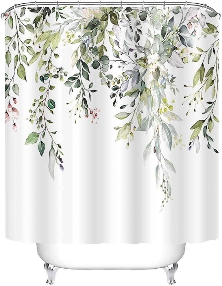 【在庫処分】KKAERDIシャワーカーテン トップの植物に水彩画の葉 フローラルバスルーム装飾シャワーカーテン 180x180cm、フック付き (SY-18-GR)
