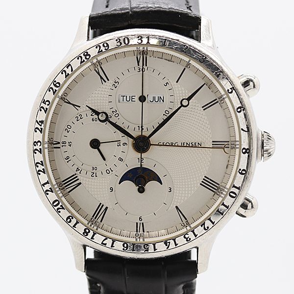 稼働 ジョージジェンセン 382 クロノ ムーンフェイズ 118575 AT|自動巻 シルバー文字盤 メンズ腕時計 1427800 2OKT ABC18844 KMT