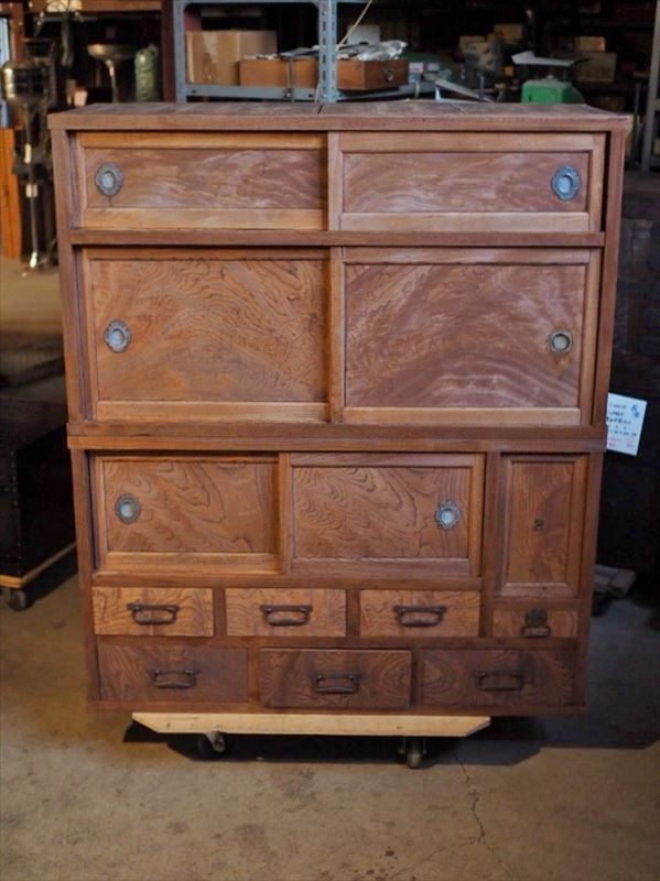 前欅重ねアンティーク水屋箪笥 茶箪笥 大正～昭和初期 古録展 送料無料