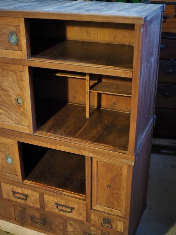 前欅重ねアンティーク水屋箪笥 茶箪笥 大正～昭和初期 古録展 送料無料