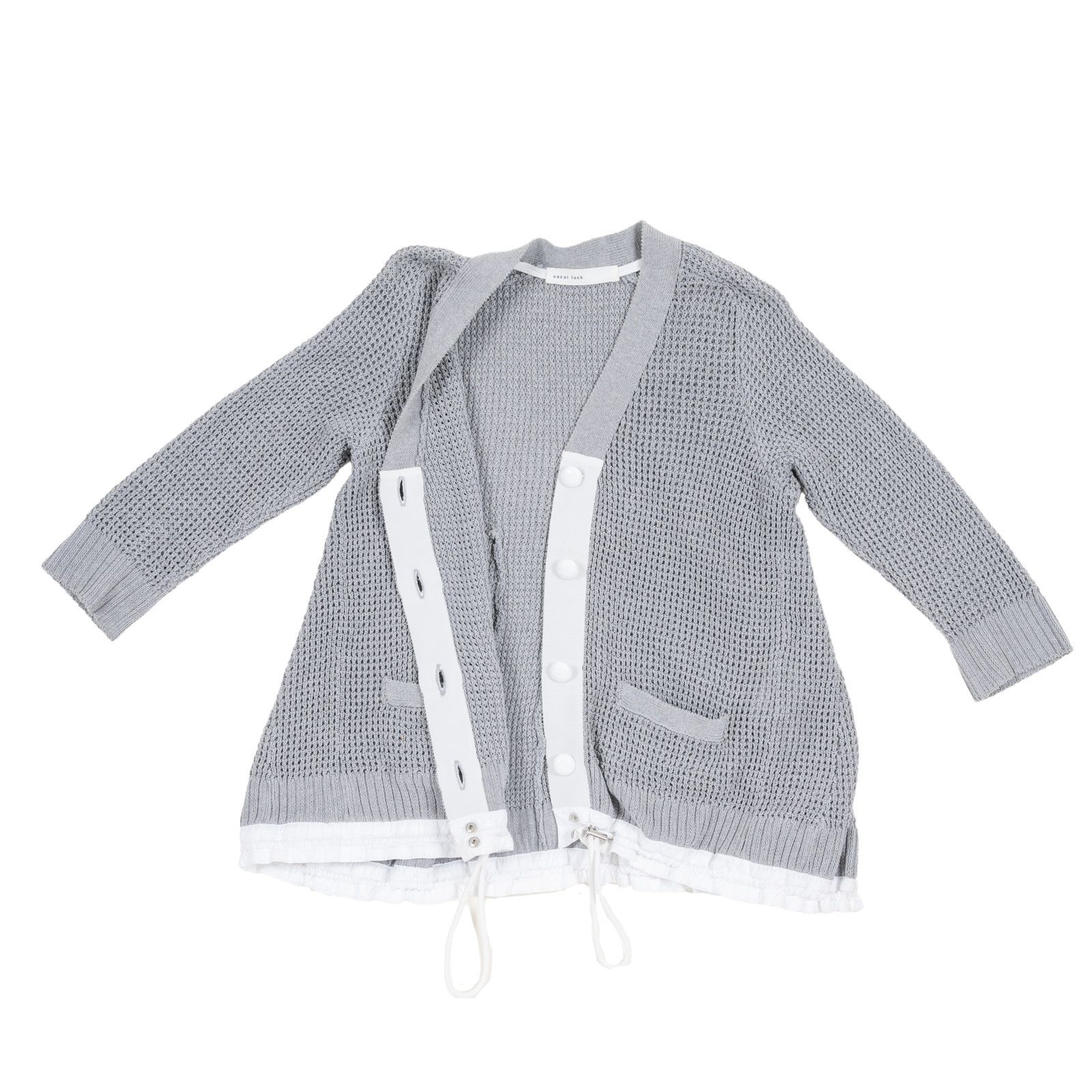 【希少】sacai luck 切替カーディガン 異素材ドッキング ウール 春 sacai luck メッシュ切替 ドローコード カーディガン グレー サイズ2