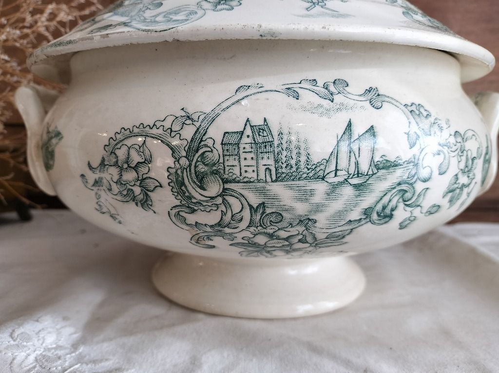 フランス アンティーク 絵付き 素敵な 蓋つき スーピエール 1900年