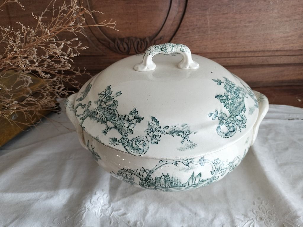 フランス アンティーク 絵付き 素敵な 蓋つき スーピエール 1900年