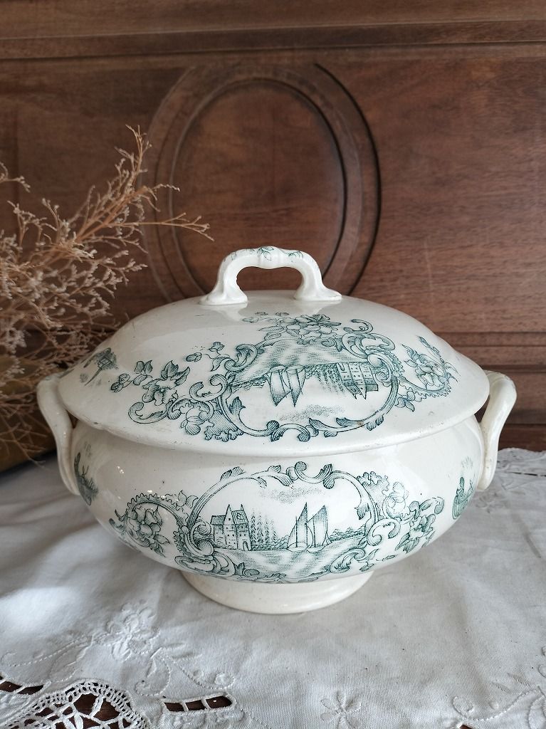 フランス アンティーク 絵付き 素敵な 蓋つき スーピエール 1900年