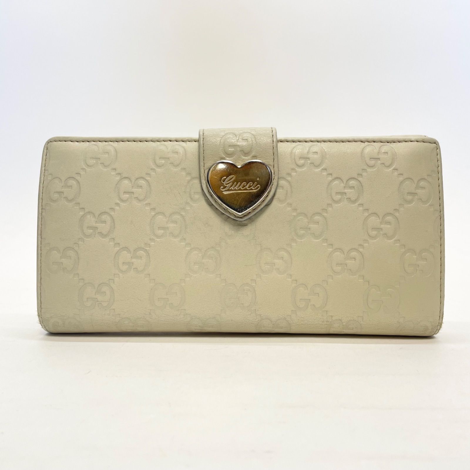 3460 GUCCI グッチ 長財布 シマレザー Wホック ベージュ系 ハートロゴ 